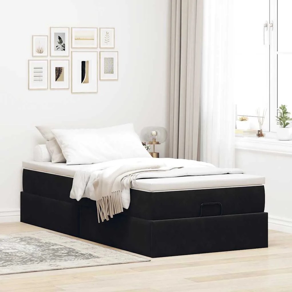 Estrutura de cama otomana com colchão preto veludo