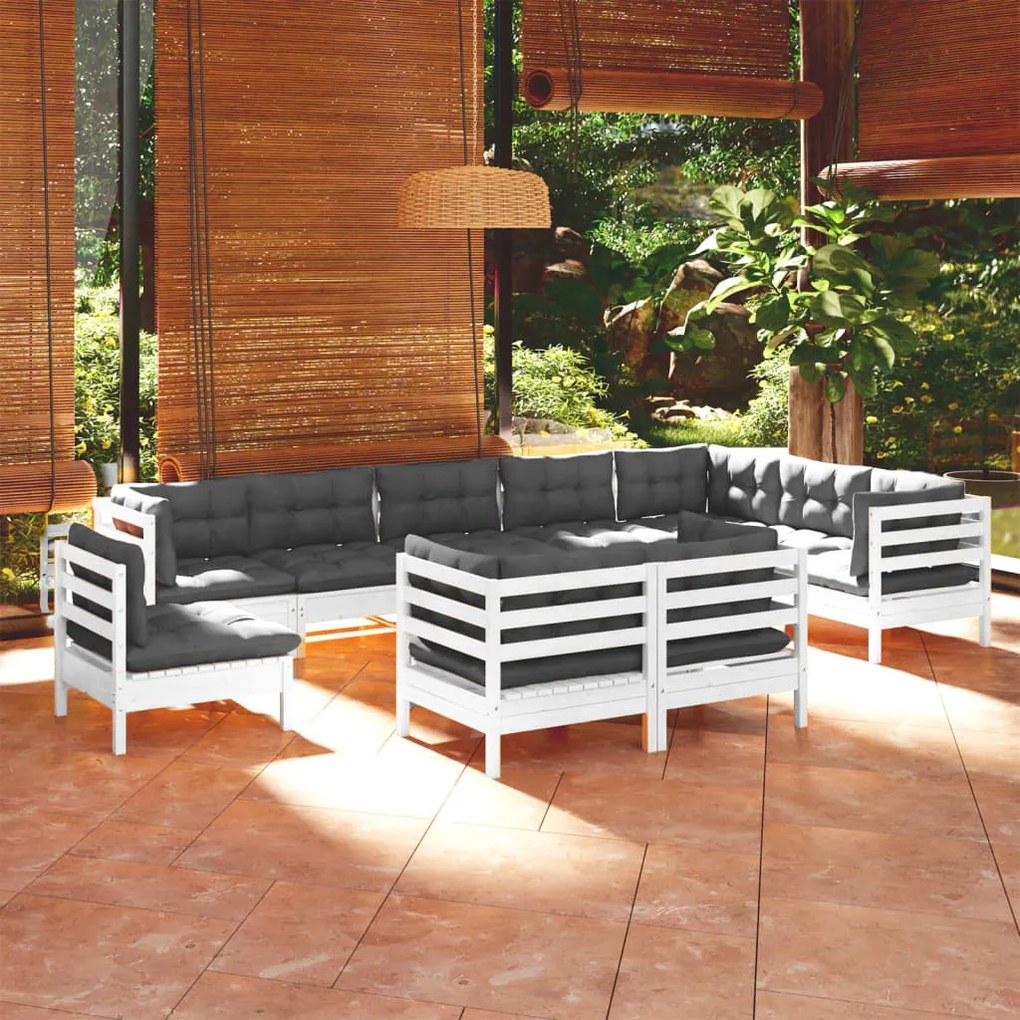 vidaXL 10 pcs conj. lounge de jardim c/ almofadões pinho maciço branco