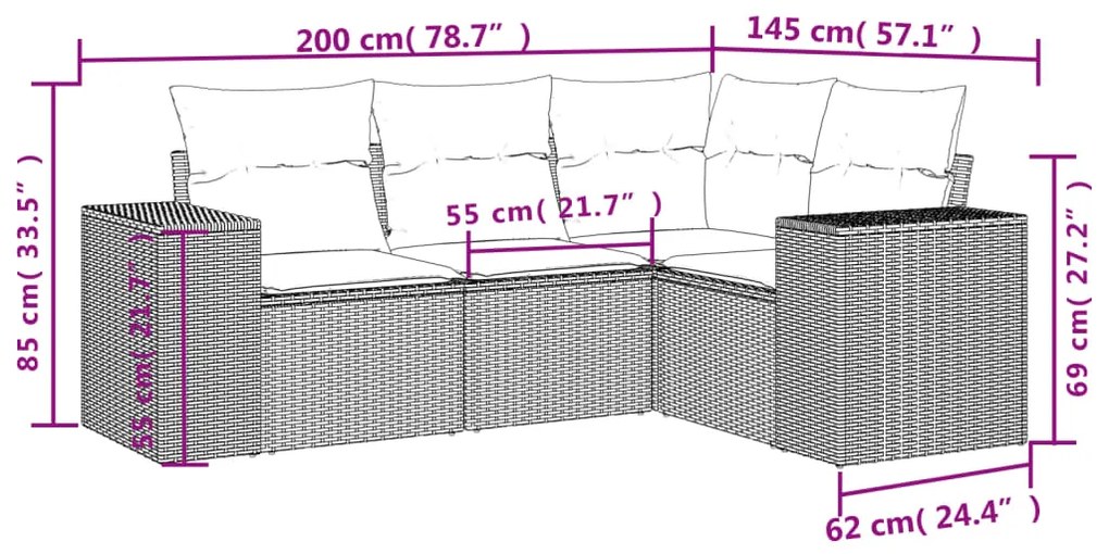 4 pcs conj. sofás jardim c/ almofadões vime PE cinzento-claro