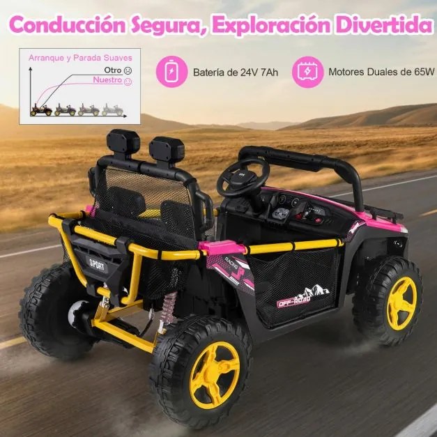Carro elétrico para crianças 24V 2 lugares com controle remoto, música, luzes e conexão sem fio, buzina Rosa