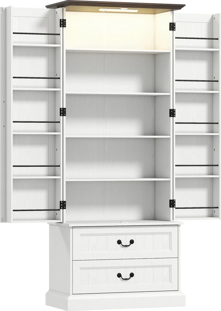 HOMCOM Móvel Alto para Cozinha com Sensor LED 2 Portas 10 Porta-Temperos 2 Gavetas 76x39,5x183 cm Branco | Aosom Portugal