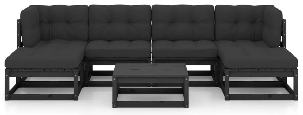 7pcs conjunto lounge de jardim c/ almofadões pinho maciço preto