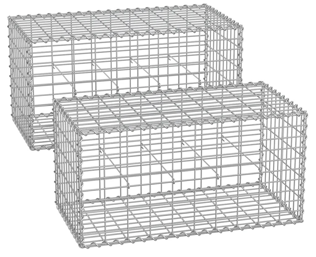 Conjunto de 2 Peças Muro Gabião 100 x 50 x 50 cm (C x L x A) Cada, de arame com malha de 5 x 10 cm para pedras Prateado