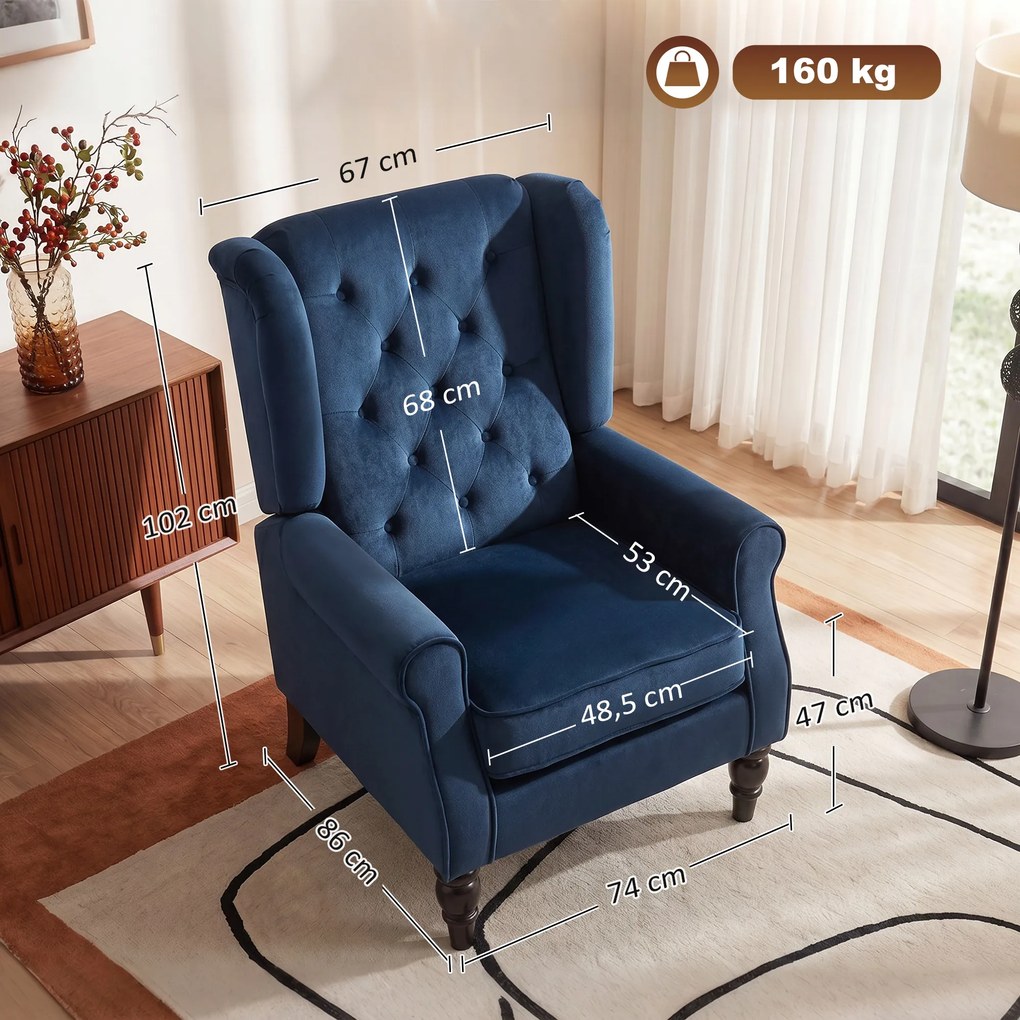 Poltrona de sala estofada com assento largo, pés de madeira, estilo clássico, grande conforto, 74x86x102 cm, azul escuro