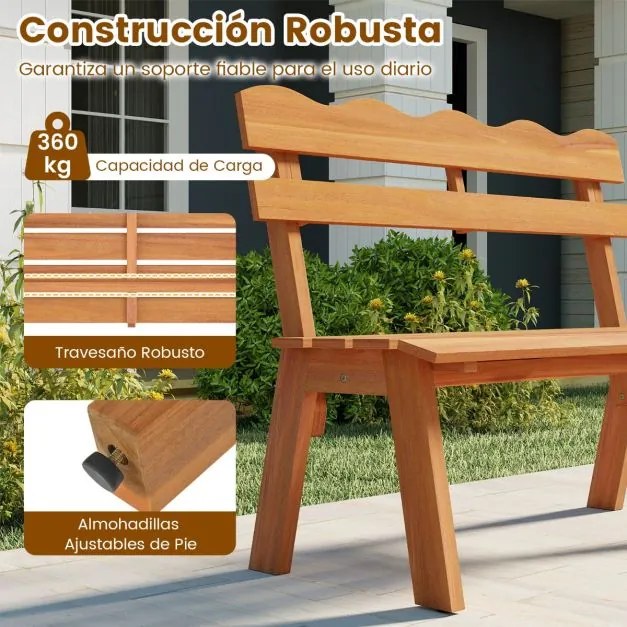 Banco de jardim 47,5 x 105 x 80 cm em madeira de acácia para exterior, 360 kg, 2 pessoas, encosto ondulado, assento com ripas, varanda, alpendre Natur