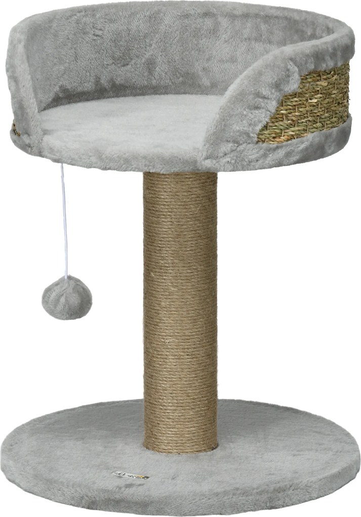 Arranhador para gatos 40 x 40 x 49 cm para trepar brinquedo com pompom suspenso + plataforma de pelúcia, juta cinzenta