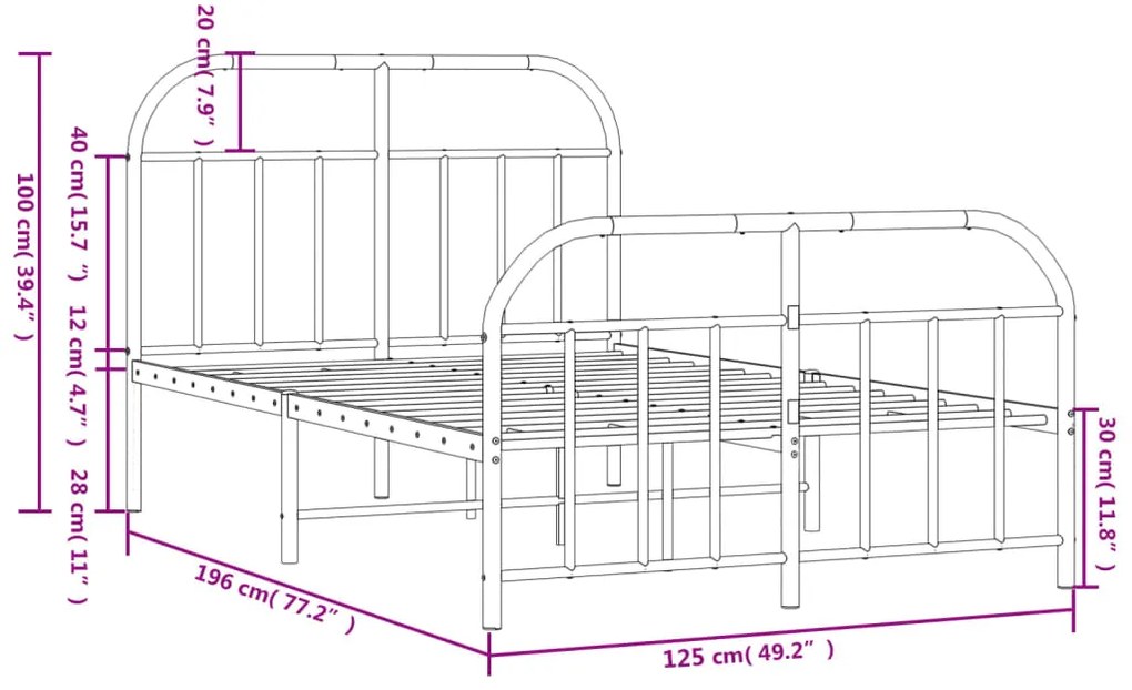 Estrutura de cama com cabeceira e pés 120x190 cm metal preto