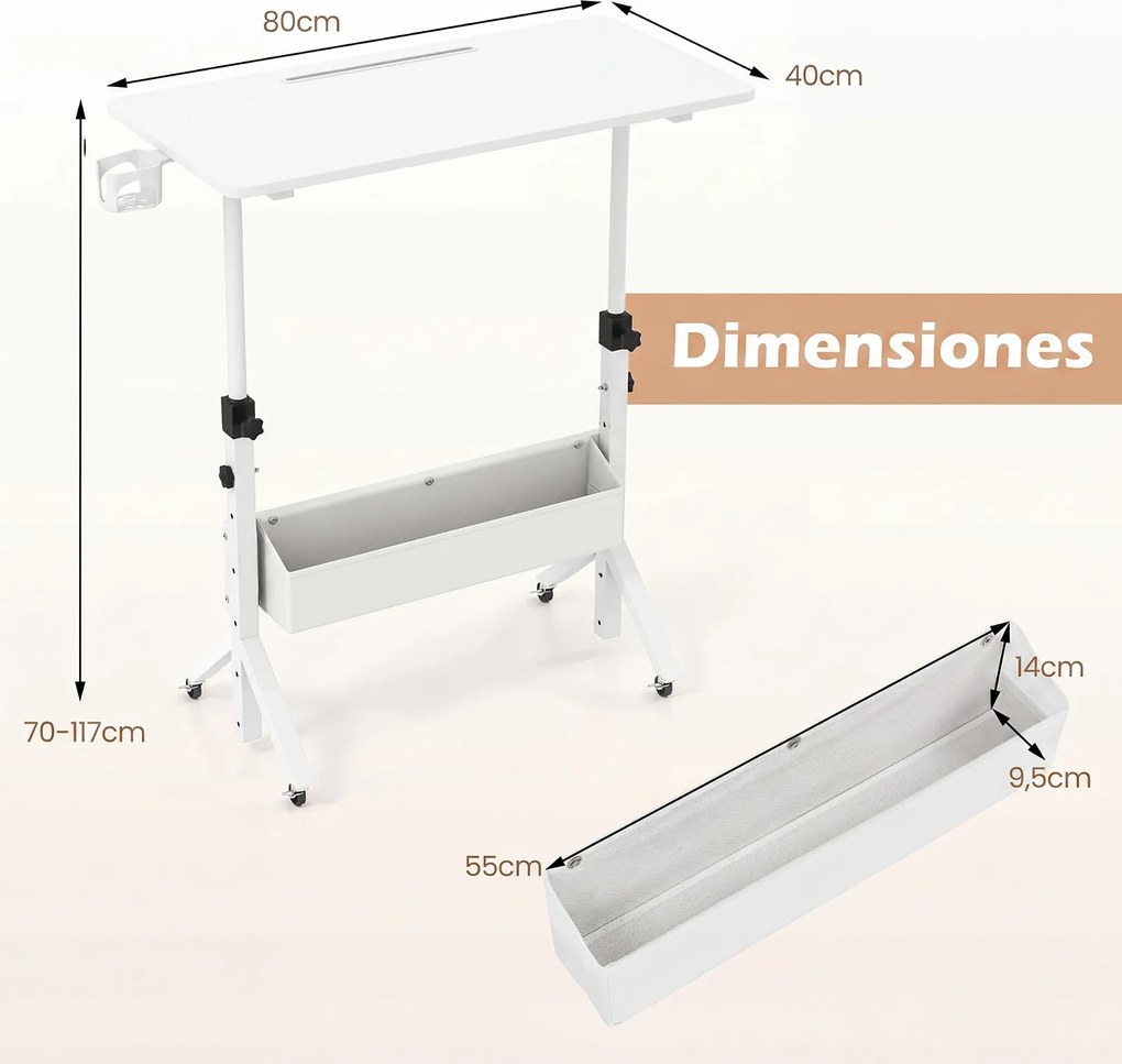 Secretária Móvel, 80 x 40 x 70-117 cm, Regulável em Altura, Branco
