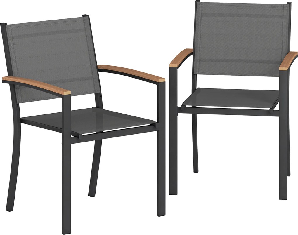 Outsunny Conjunto de 2 Cadeiras de Jardim Empilháveis em Metal e Textilene, Apoios de Braço em WPC, Encosto Alto, 56x62x89cm, Cinza | Aosom Portugal