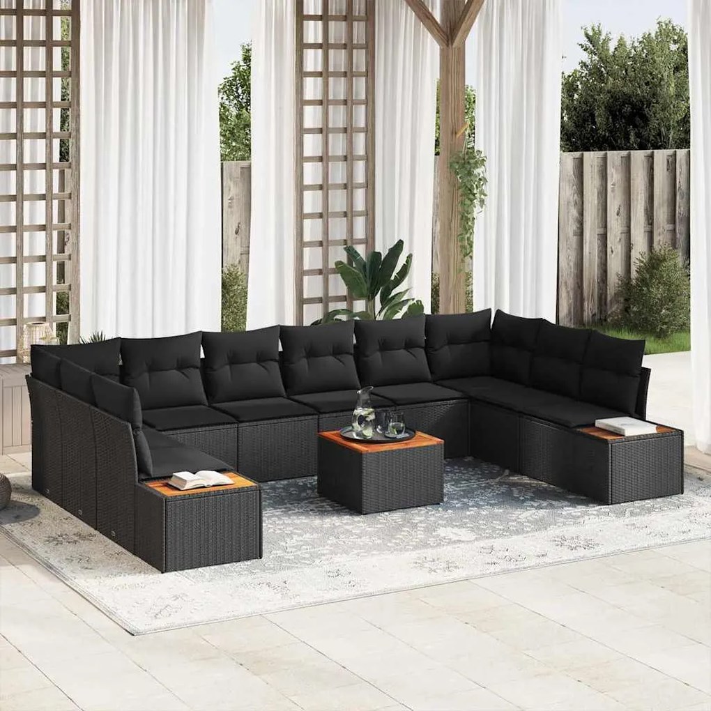 Conjunto de Sofá de Jardim vidaXL com 11 Peças e Almofadas Preto de Ra