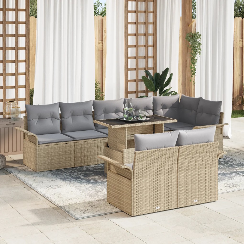 vidaXL Conjunto de Sofá de Jardim de 9 Peças com Almofadas Bege em Rattan Polimérico