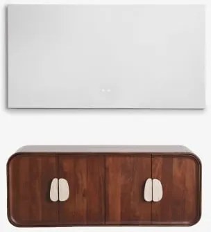 Conjunto De Móvel De Casa De Banho Dupla Suspensa 130x45 Cm Em Madeira De Manga E Pedra Natural Kivalina Travertino - Madeira De Mangueira Escura -