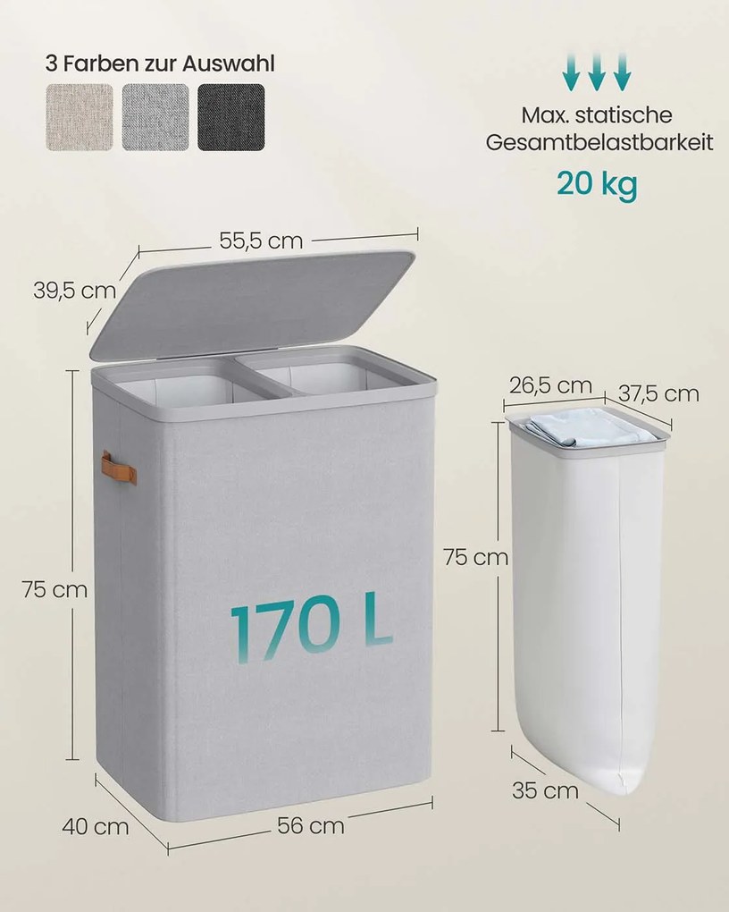 Cesto para roupa suja 170 L com 2 compartimentos 56 x 40 x 75 cm Cinzento