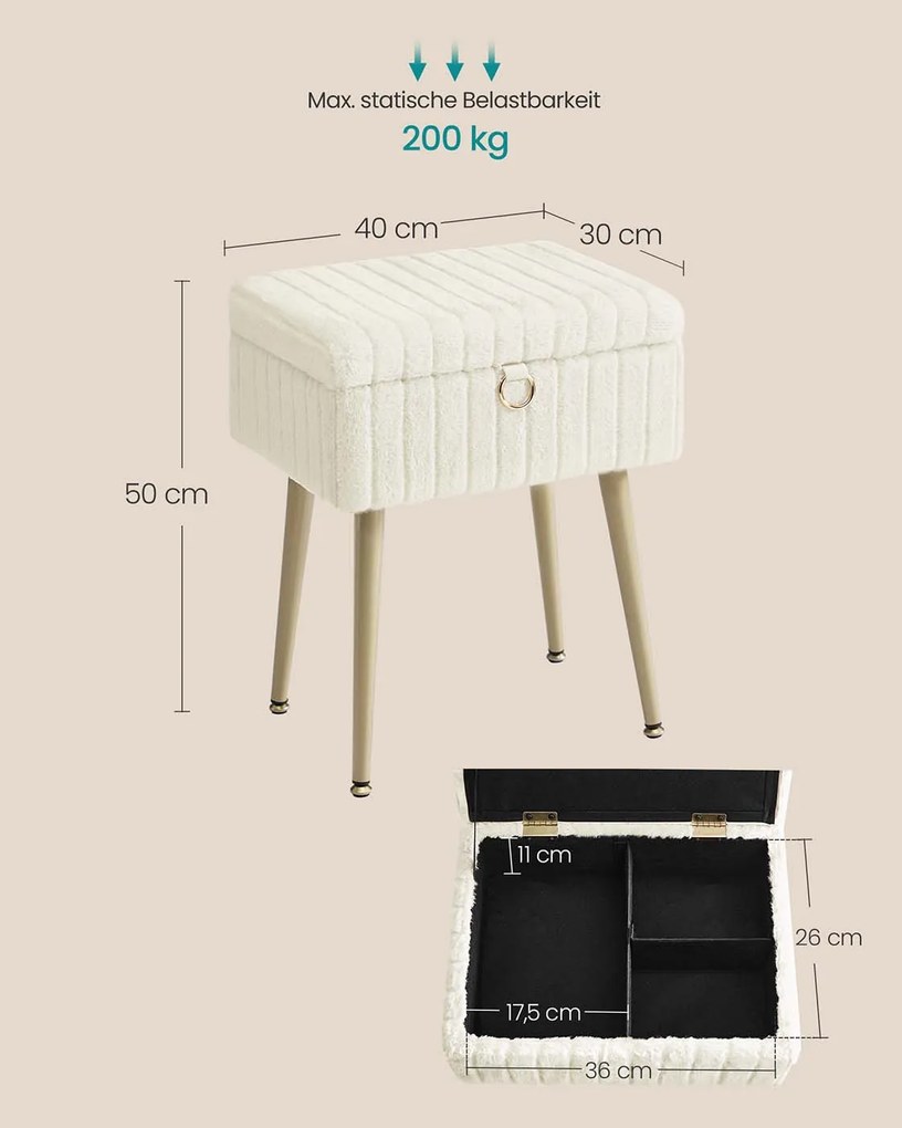 Banco toucador com espaço de arrumação 30 x 40 x 50 cm estofado Branco