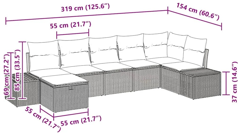 Conjunto de Sofá de Jardim de 7 Peças da com Almofadas Bege em Rattan