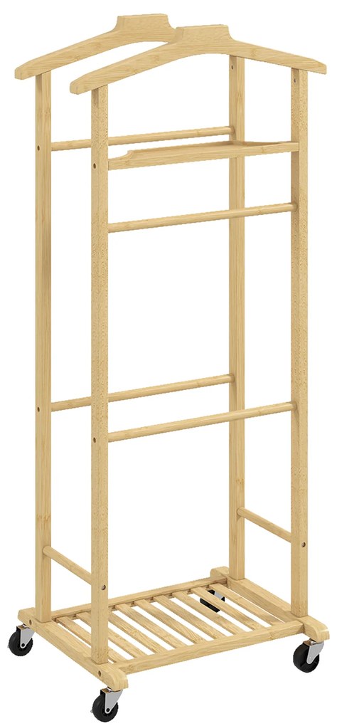 Cabide de Pé de Bambu Cabide com Rodas Suportes para Roupas Barras para Calças Bandeja e Sapateira  47x33,7x105,5 cm Madeira