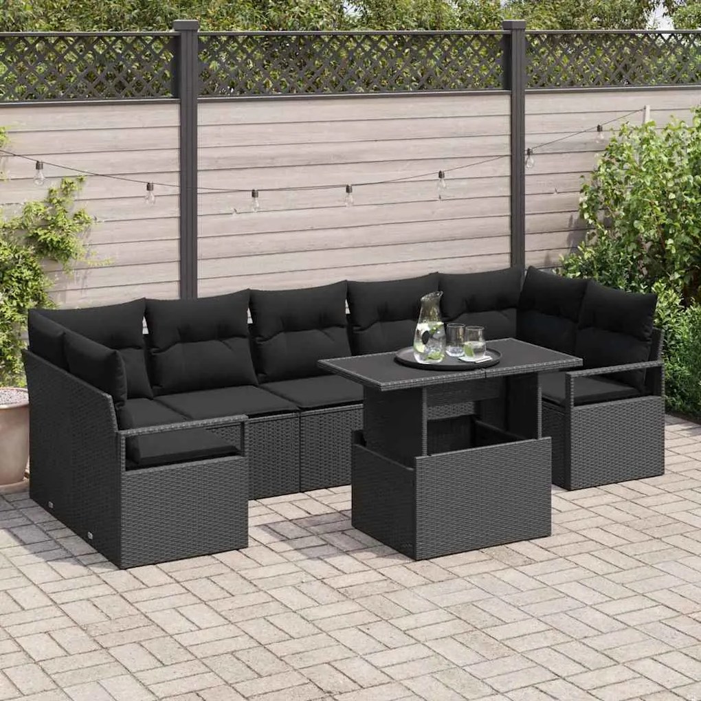 vidaXL Conjunto de Sofá de Jardim com almofada 8 pcs Preto vime PE