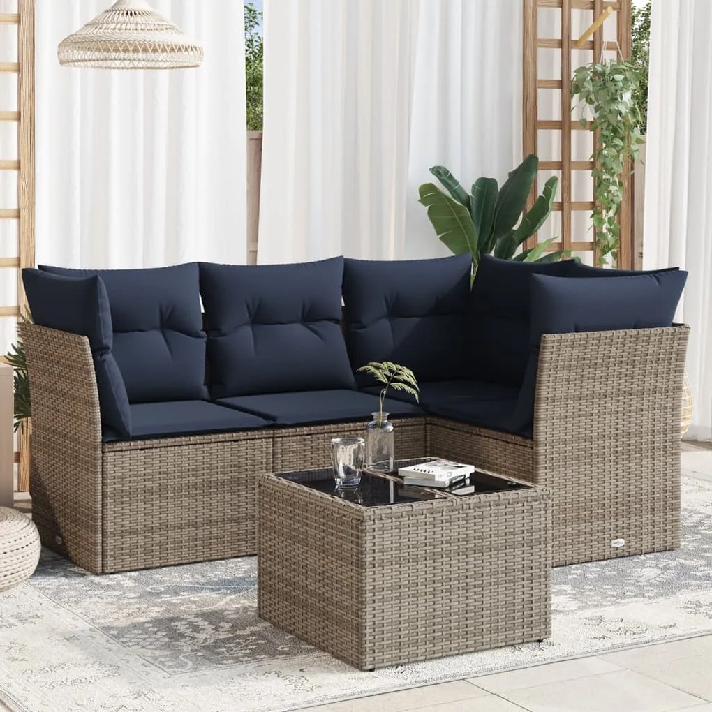 vidaXL 5 pcs conjunto sofás p/ jardim c/ almofadões vime PE cinzento