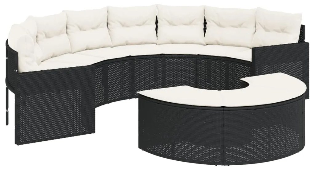 Sofá de jardim com almofadões semicircular vime PE preto