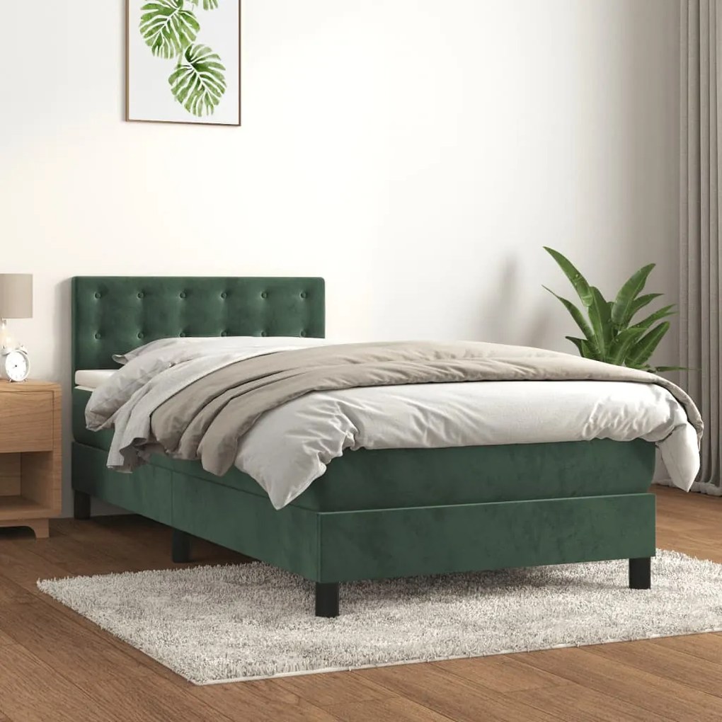 Cama box spring c/ colchão/LED 90x200 cm veludo verde-escuro