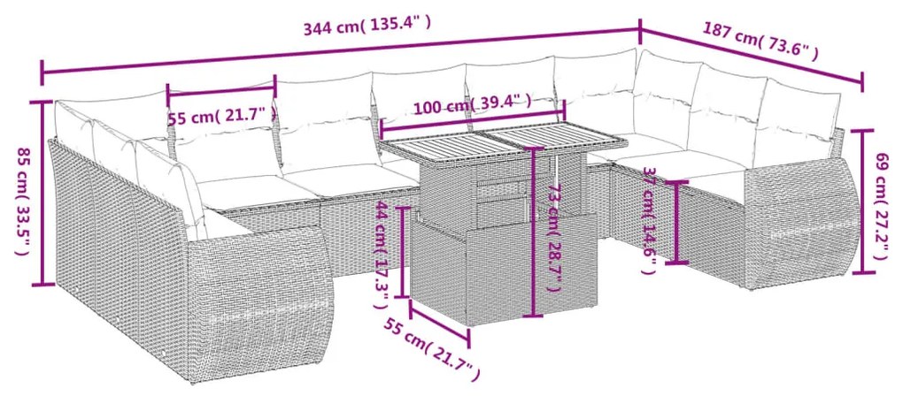 11 pcs conjunto sofás de jardim c/ almofadões vime PE bege