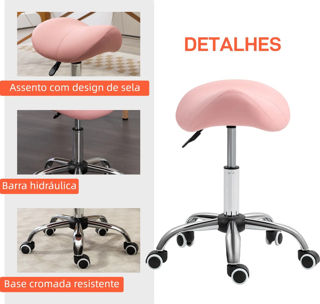 Banco com Rodas Giratório com Altura Ajustável Cosmético Dentista Cabeleireiro 52x53x49-61 cm Rosa