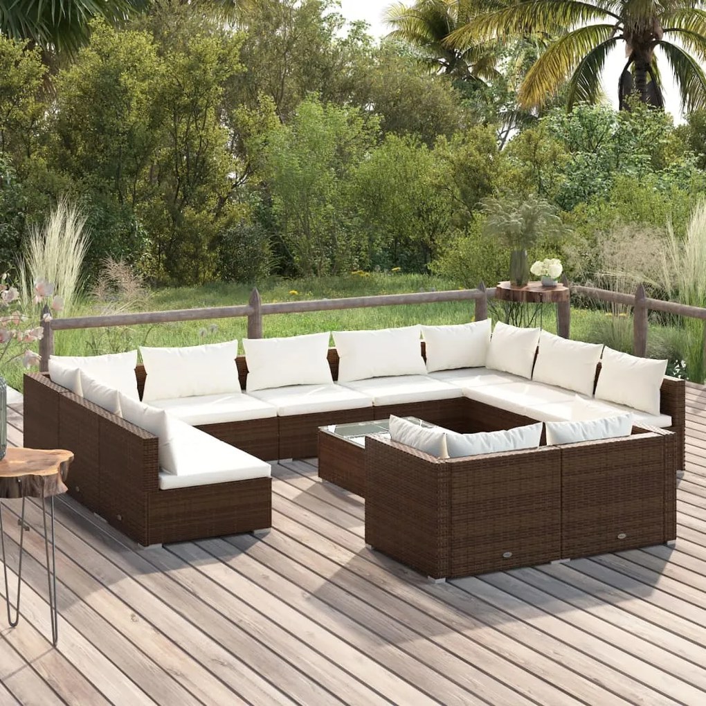 vidaXL 12 pcs conjunto lounge jardim c/ almofadões vime PE castanho