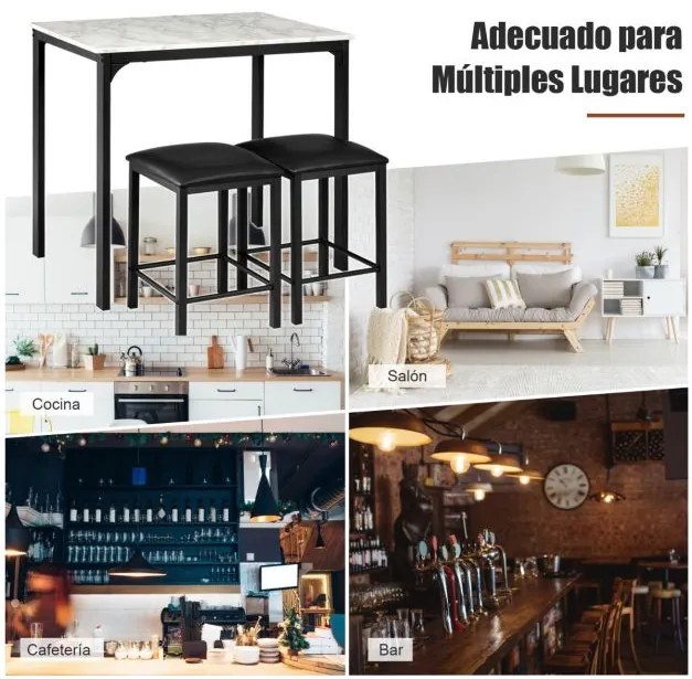 Conjunto de mesa cozinhas e bancos de jantar de 3 peças de bar compactos em couro sintético Branco e Preto