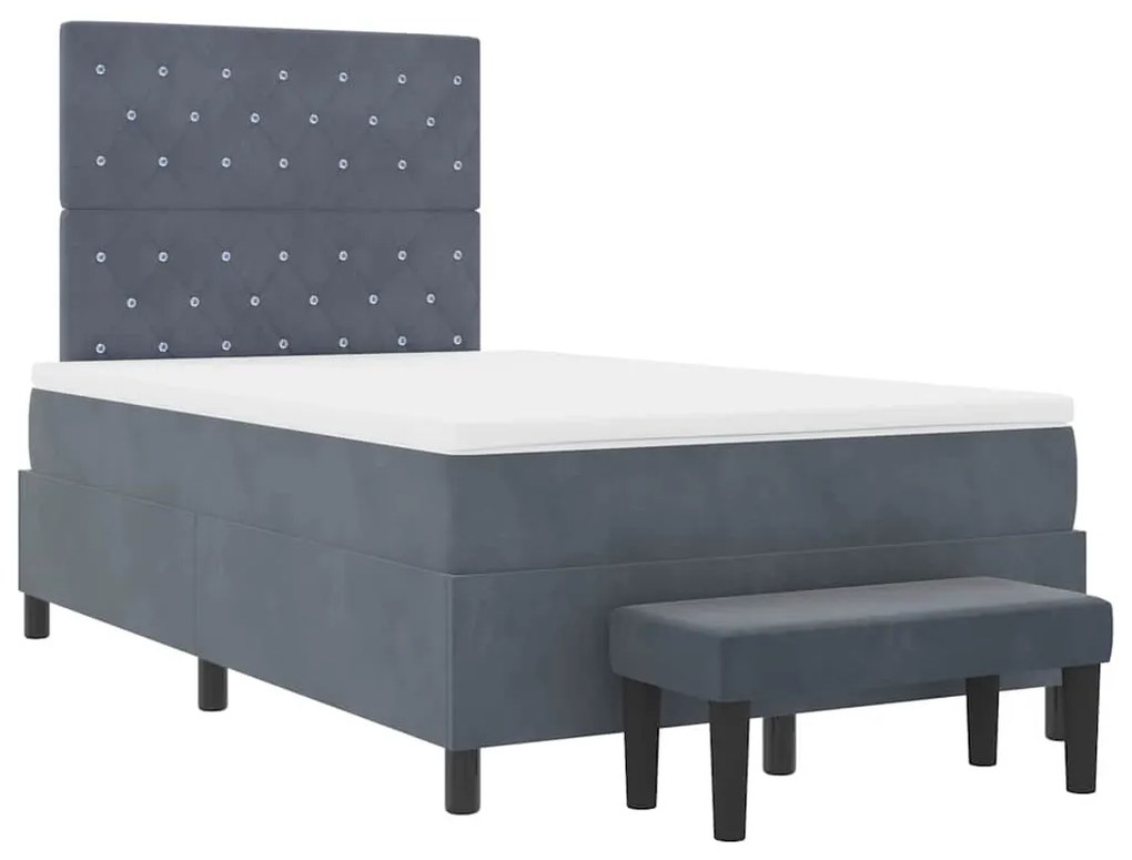 Cama Box Spring com Colchão e Banco Cinza Escuro 120x190 cm Veludo