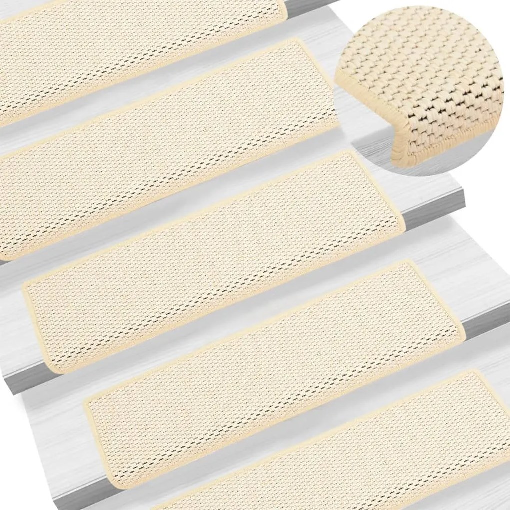 vidaXL Tapetes escada adesivos aspeto sisal 15 pcs 65x21x4 cm creme