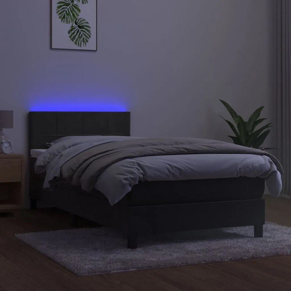 Cama box spring c/ colchão/LED 100x200cm veludo cinzento-escuro