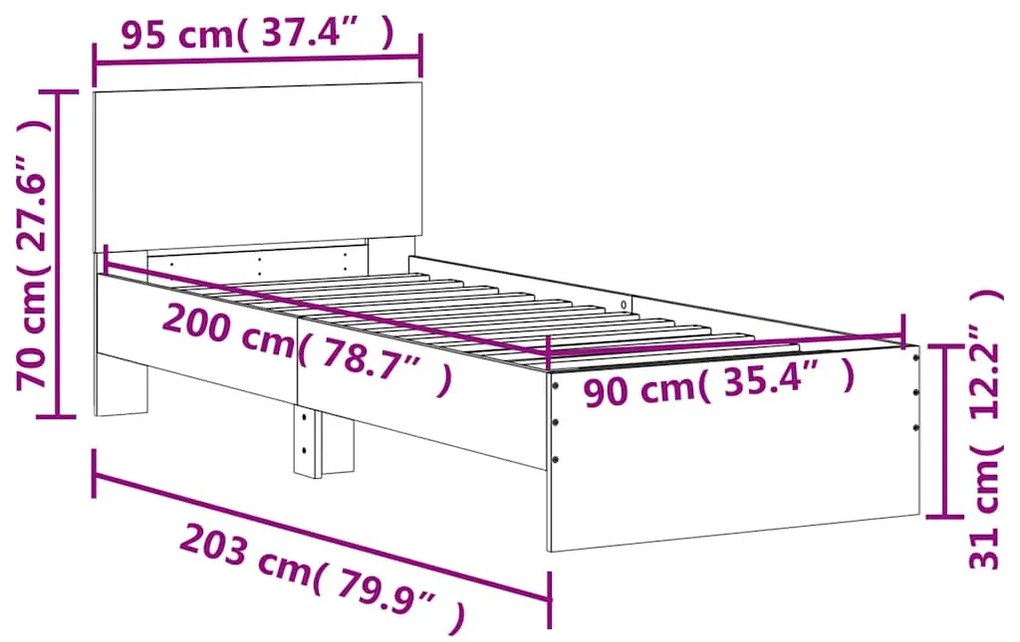 Cama sem colchão com cabeceira 90x200 cm carvalho sonoma