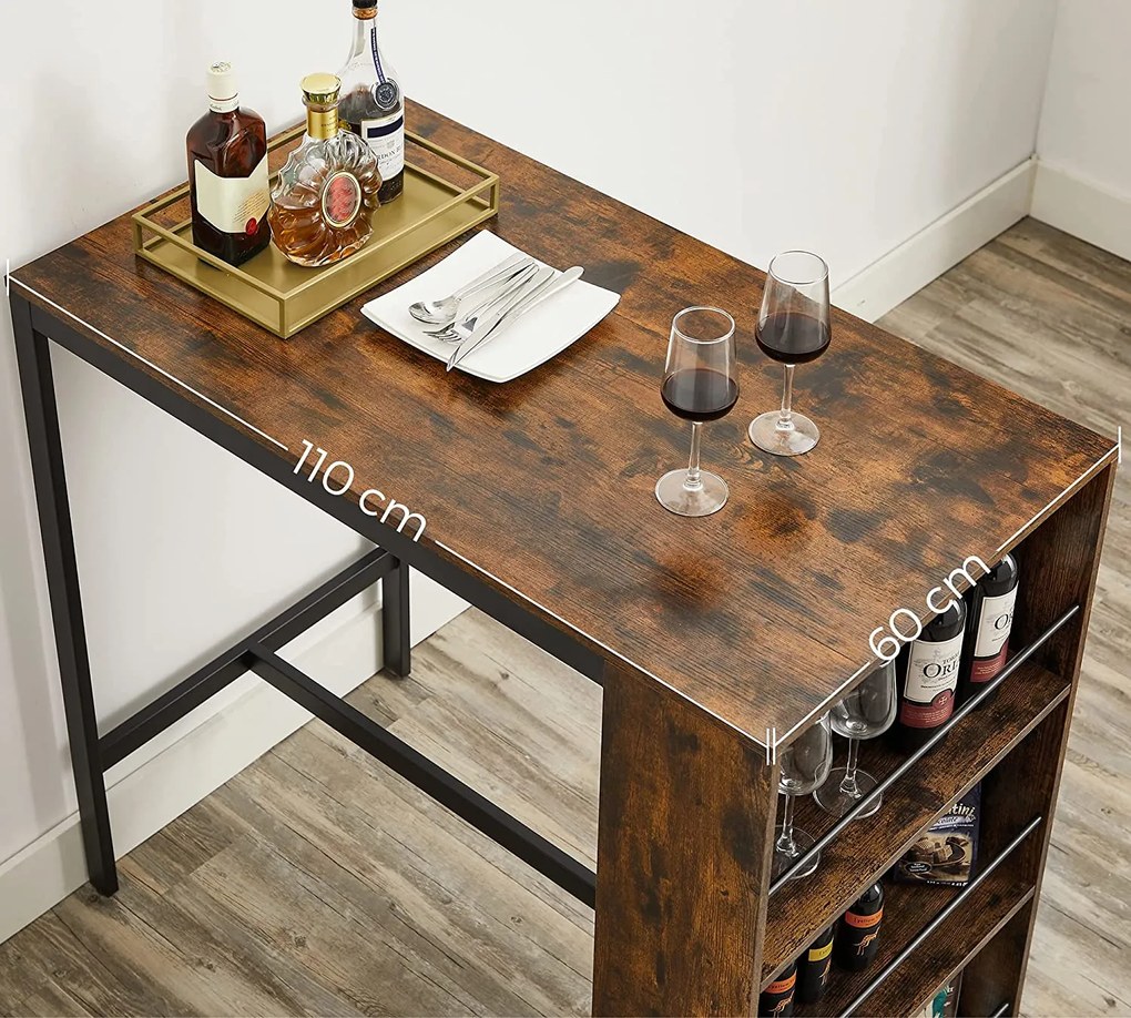 Mesa de bar de design industrial 110 x 60 x 100 cm (Bancos não incluidos) com prateleira Castanho Vintage preto