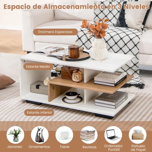 Mesa de centro com arrumação retangular moderna com Estante Mesa de centro geométrica versátil de 3 níveis para a sala de estar Branca