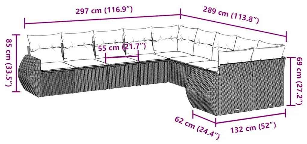 10 pcs conj. sofás jardim com almofadões vime PE cinzento-claro