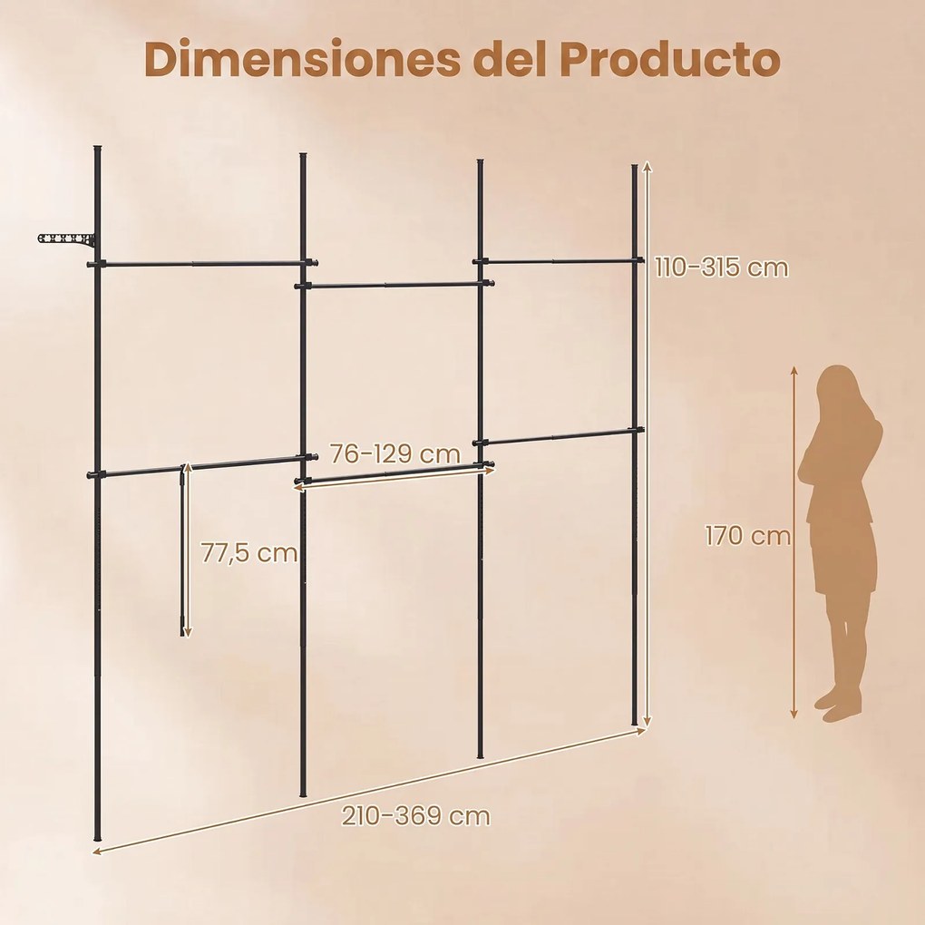 Cabide de Pé 210-369 x 110-315 cm, 33 Posições de Regulação, Preto