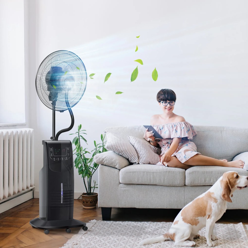 HOMCOM Ventoinha Nebulizadora 90W com Oscilação Controlo Remoto 5 Lâminas Depósito de Água 3,1L 3 Velocidades Temporizador e Rodas 44,5x44,5x135 cm Preto