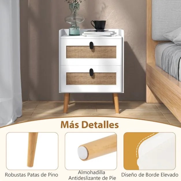 Mesa de cabeceira com 2 gavetas decoradas em rattan Pernas de madeira moderna para a sala de estar Quarto 45 x 40 x 57 cm Branco