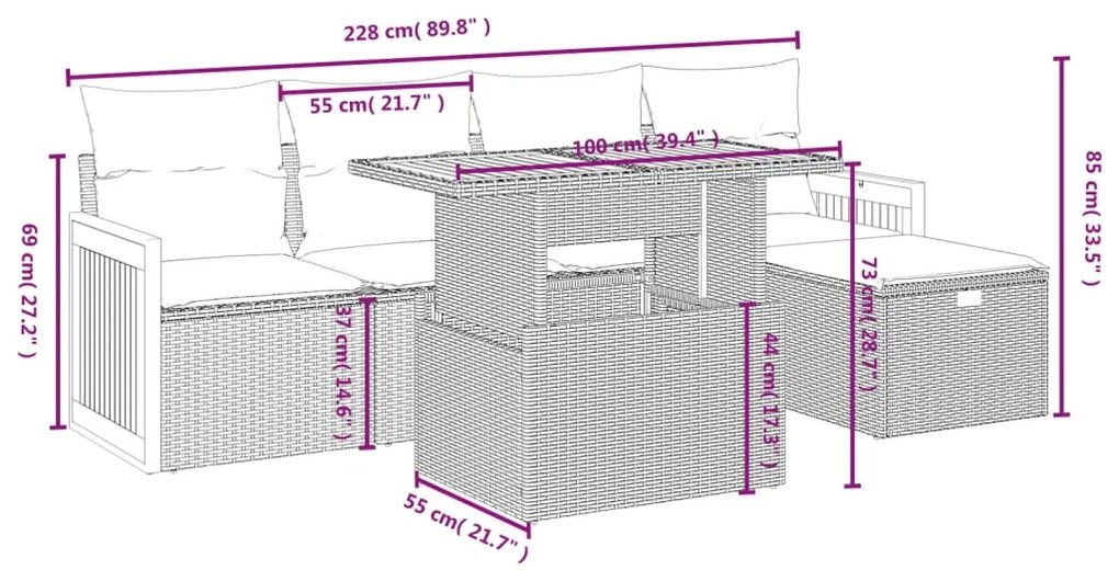 6 pcs conjunto sofás de jardim com almofadões vime cinzento