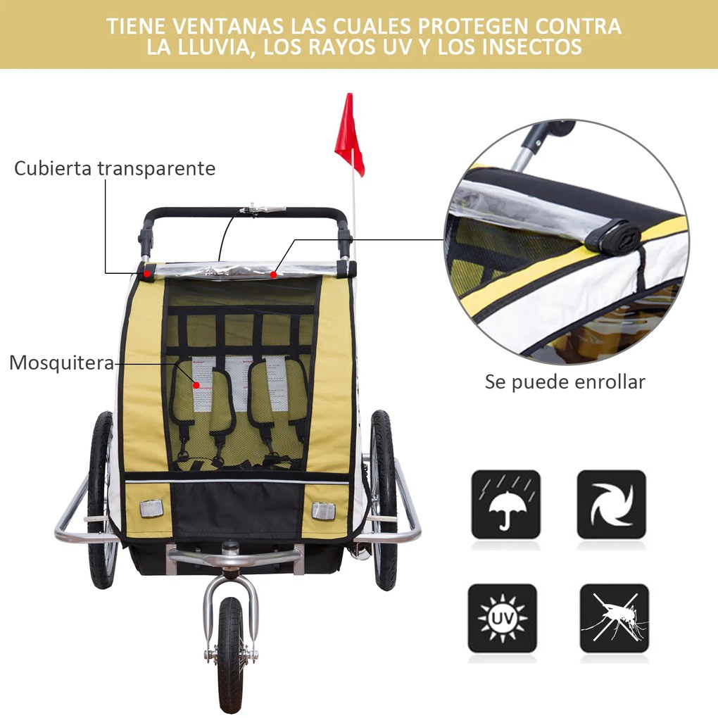 Atrelado para Bicicleta tipo Carro com Barra de Passeio para Crianças, de 2 Lugares, com Roda Dianteira Giratória a 360° e Assento Almofadado