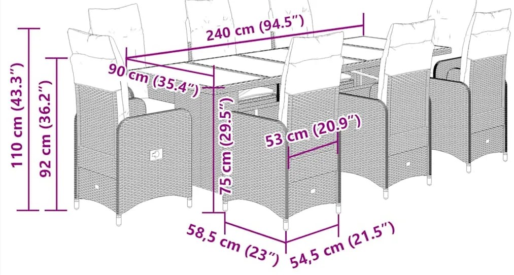 9 pcs conjunto bistrô de jardim c/ almofadões vime PE castanho