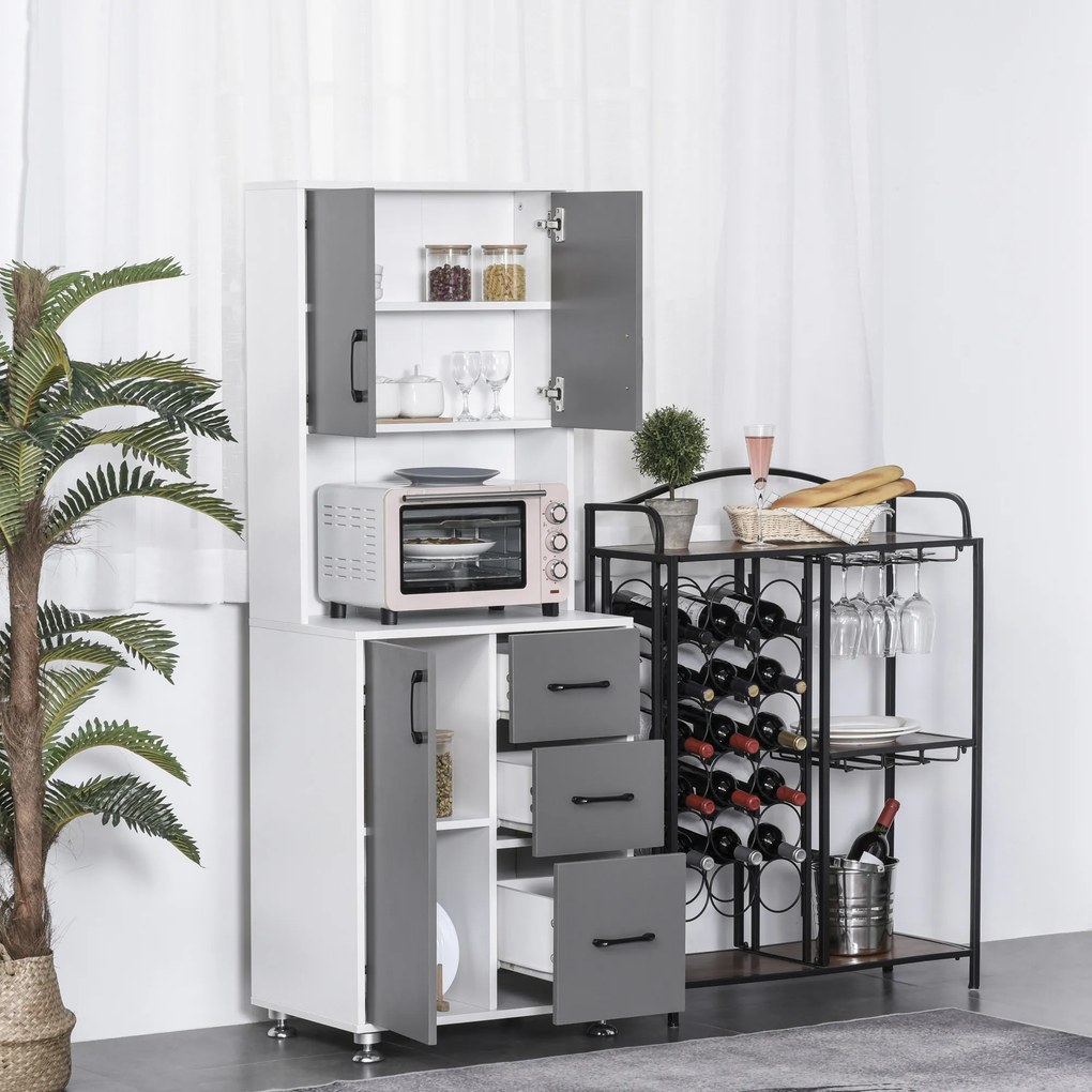 Armário alto de cozinha com 3 portas, 3 gavetas e bancada 60 x 40 x 160 cm, cinzento