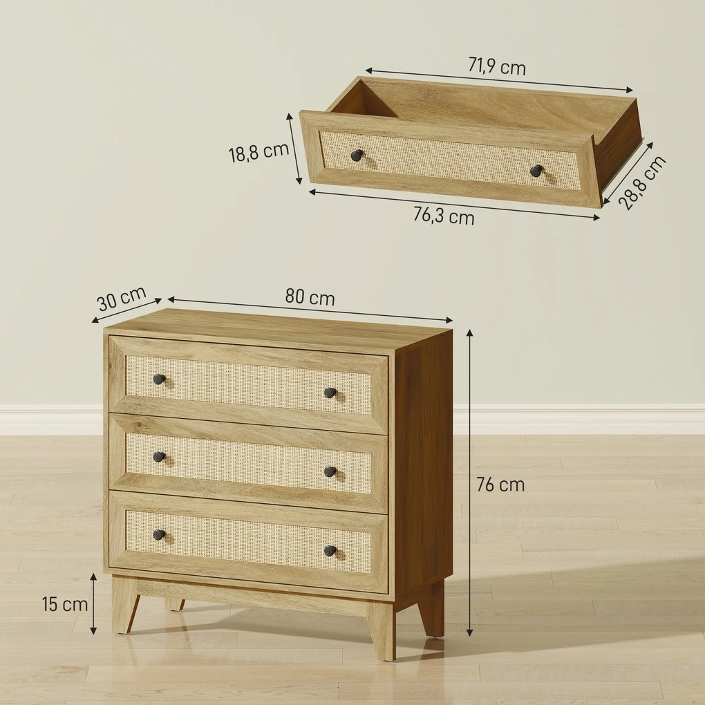 Cómoda com 3 Gavetas Cómoda de Madeira com Gavetas de Vime e Pés Elevados 80x35x76 cm Madeira