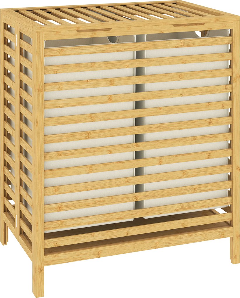 HOMCOM Cesto de roupa em bambu com tampa, 2 cestos, dobrável, 64L, natural e creme | Aosom Portugal