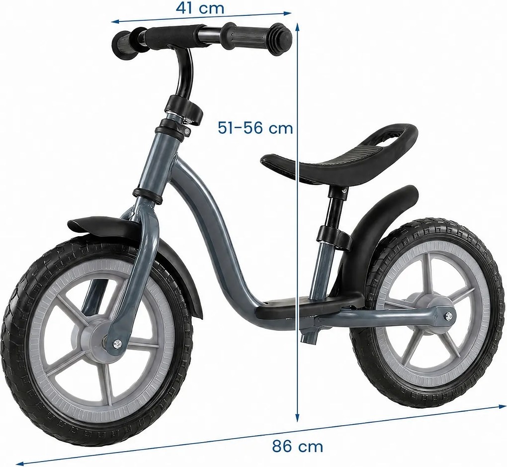 Bicicleta de Equilíbrio Infantil, 86 x 41 x 51-56 cm, Guiador e Assento Ajustáveis, Azul+Cinza