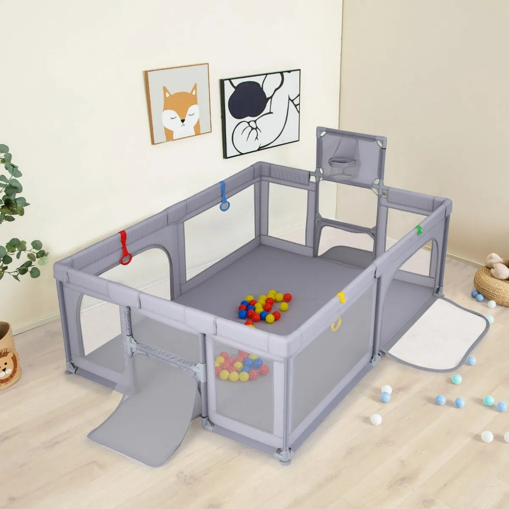 Parque infantil grande e seguro 207 x 145 x 68 cm com cesto de basquetebol e redes de futebol, argolas para lançar e bolas oceânicas, portas cinza cla