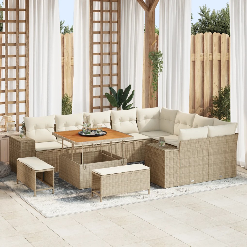 Conjunto de Sofá de Jardim vidaXL 12 Peças com Almofadas Bege Polyrattan Acácia