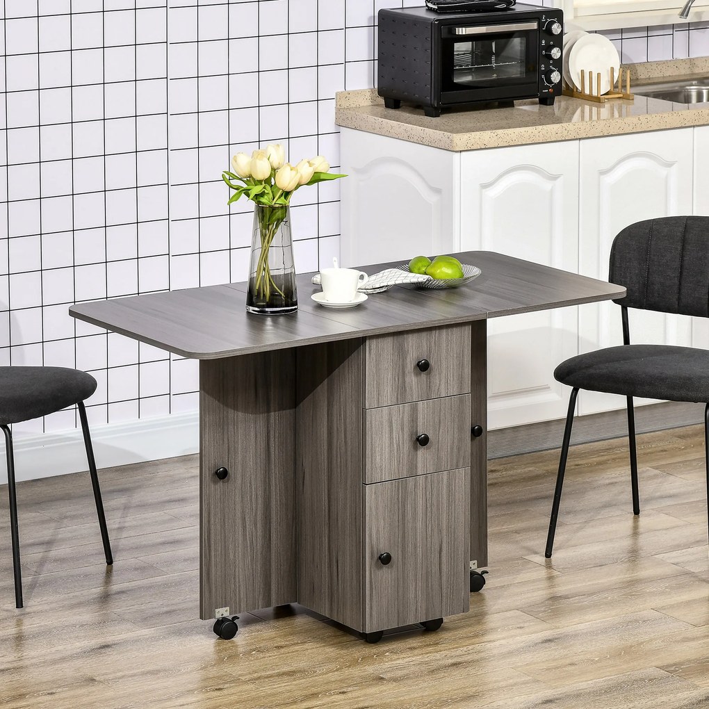 Mesa de cozinha dobrável, com 2 tampos rebatíveis, 2 gavetas e 1 armário cinzenta