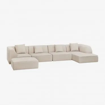Sofá Modular Chaise Longue Direito De 4 Peças Com Puff Estofado Cardea Chenille Bege Creme - Sklum