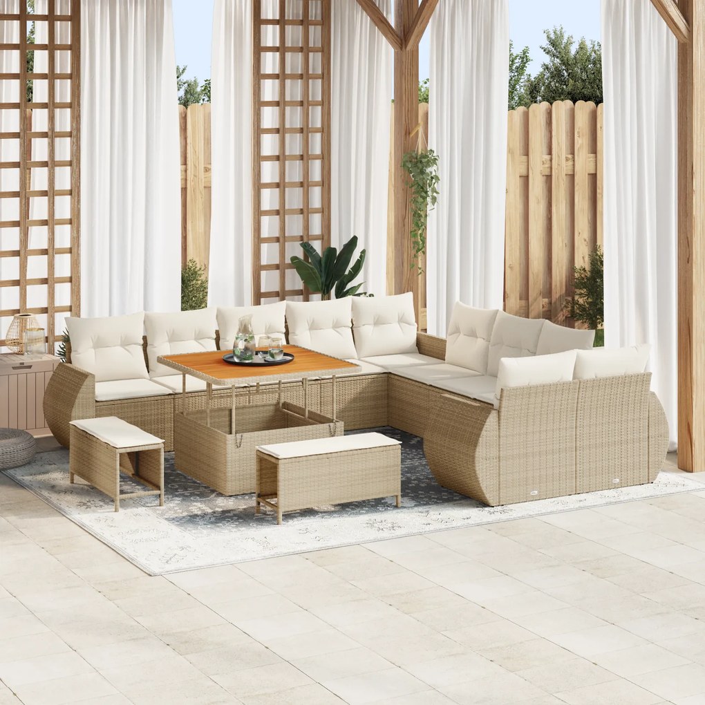 Conjunto de Sofá de Jardim de 13 Peças com Almofadas Bege Rattan Polié